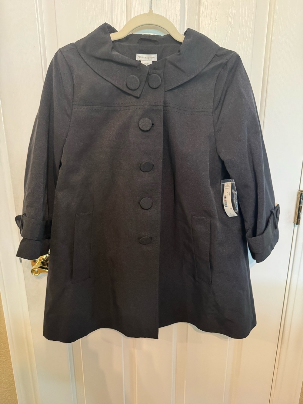 NWT Worthington Black Swing Coat Jacket 3/4 Sleeve Portrait Collar Size L
